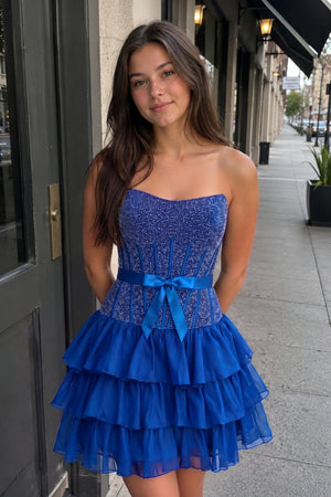 Royal Blue Beaded Corset Strapless Ruffled A-Line Homecoming Dress | KISSPROM