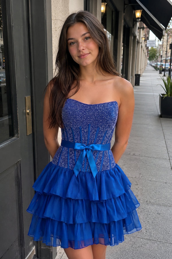 Royal Blue Beaded Corset Strapless Ruffled A-Line Homecoming Dress | KISSPROM