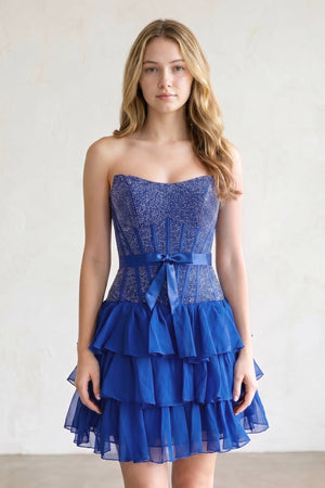 Royal Blue Beaded Corset Strapless Ruffled A-Line Homecoming Dress | KISSPROM