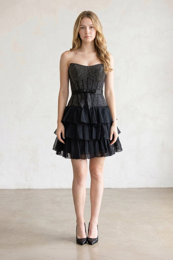 Black Beaded Corset Strapless Ruffled A-Line Homecoming Dress – Homecoming Dress by KissProm | Available at KissProm