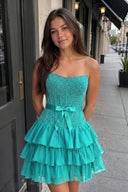 Turquoise Beaded Corset Strapless Ruffled A-Line Homecoming Dress | KISSPROM