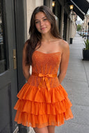 Orange Beaded Corset Strapless Ruffled A-Line Homecoming Dress | KISSPROM