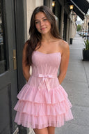 Pink Beaded Corset Strapless Ruffled A-Line Homecoming Dress | KISSPROM