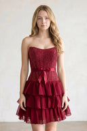 Burgundy Beaded Corset Strapless Ruffled A-Line Homecoming Dress - KISSPROM