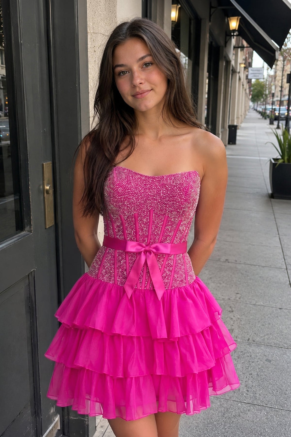 Fuchsia Beaded Corset Strapless Ruffled A-Line Homecoming Dress | KISSPROM