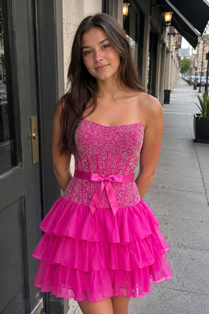 Fuchsia Beaded Corset Strapless Ruffled A-Line Homecoming Dress | KISSPROM
