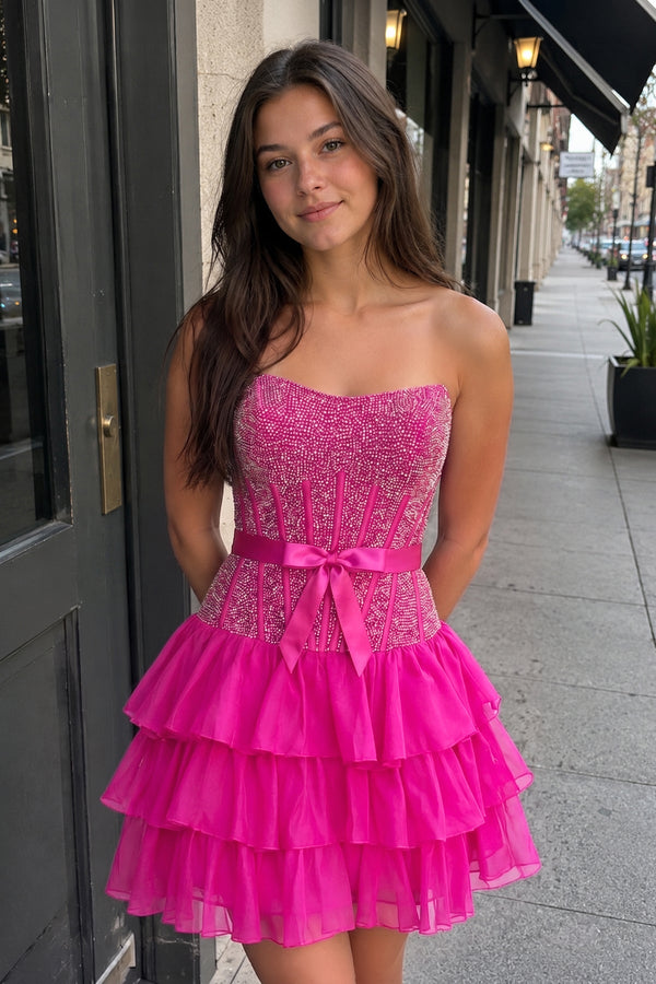 Fuchsia Beaded Corset Strapless Ruffled A-Line Homecoming Dress | KISSPROM