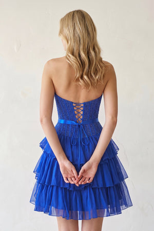 Royal Blue Beaded Corset Strapless Ruffled A-Line Homecoming Dress (2) | KISSPROM