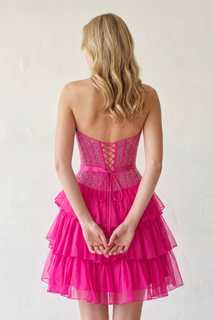 Fuchsia Beaded Corset Strapless Ruffled A-Line Homecoming Dress (2) | KISSPROM