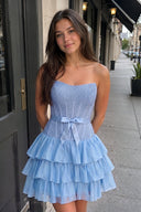 Periwinkle Beaded Corset Strapless Ruffled A-Line Homecoming Dress | KISSPROM