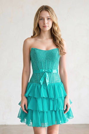Turquoise Beaded Corset Strapless Ruffled A-Line Homecoming Dress | KISSPROM