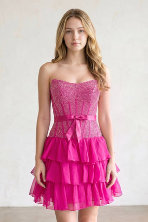 Fuchsia Beaded Corset Strapless Ruffled A-Line Homecoming Dress | KISSPROM