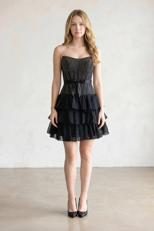 Black Beaded Corset Strapless Ruffled A-Line Homecoming Dress – Homecoming Dress by KissProm | Available at KissProm