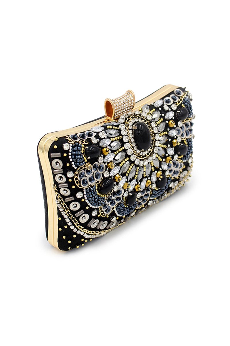 Black Beaded Shoulder Chain Evening Clutch - KissProm