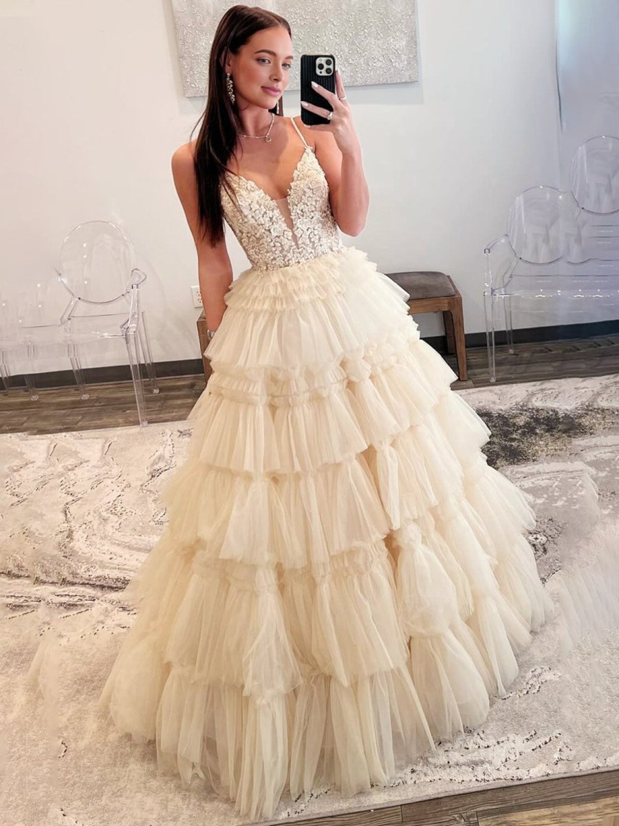 Hadlee | Black Beaded Spaghetti Strap Ruffle Tiered Ball Gown