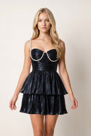 Black Black Spaghetti Straps A Line Metallic Pleated Short Homecoming Dresses With Beading | KISSPROM