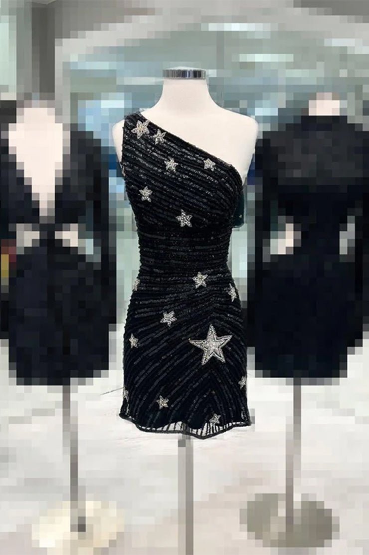 Lima | Black One Shoulder Sequin Star Above Keen Homecoming Dress