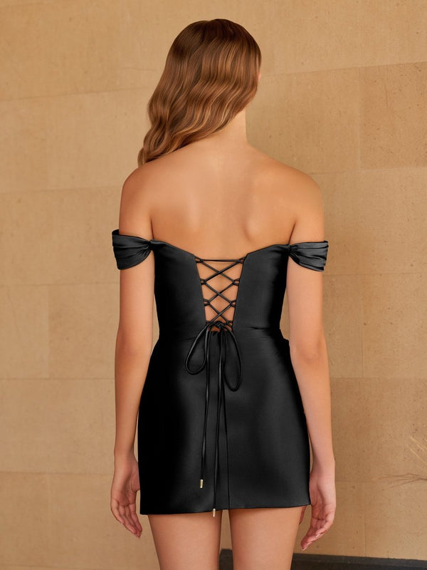 Black Bodycon Satin Off-the-Shoulder Mini Party Dress With Beading (2) | KISSPROM