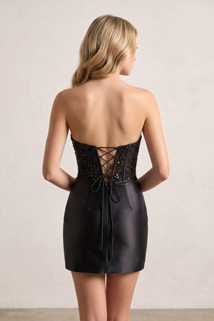 Black Bodycon Sequined Strapless Corset Homecoming Dresses with Slit (2) | KISSPROM