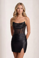 Black Bodycon Sequined Strapless Corset Homecoming Dresses with Slit | KISSPROM