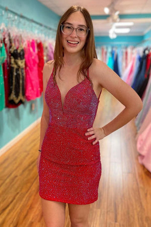 Sexy Fitted V-Neck Spaghetti Straps Fully Beaded Homecoming Dress