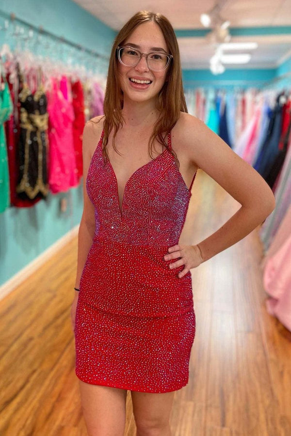 Sexy Fitted V-Neck Spaghetti Straps Fully Beaded Homecoming Dress