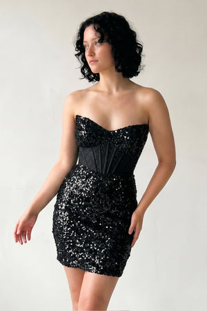 Black Bodycon Sparkly Strapless Sequins Mini Party Dresses | KISSPROM