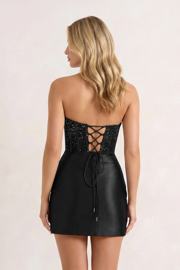 Black Bodycon Strapless Satin Corset Homecoming Dress with Beads | KISSPROM
