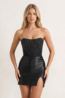 Black Bodycon Strapless Satin Corset Homecoming Dress with Beads | KISSPROM
