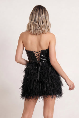 Black Bodycon Strapless Sequin Mini Homecoming Dresses with Feathers (2) | KISSPROM