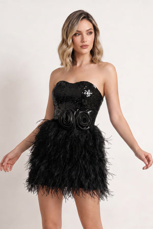 Black Bodycon Strapless Sequin Mini Homecoming Dresses with Feathers | KISSPROM