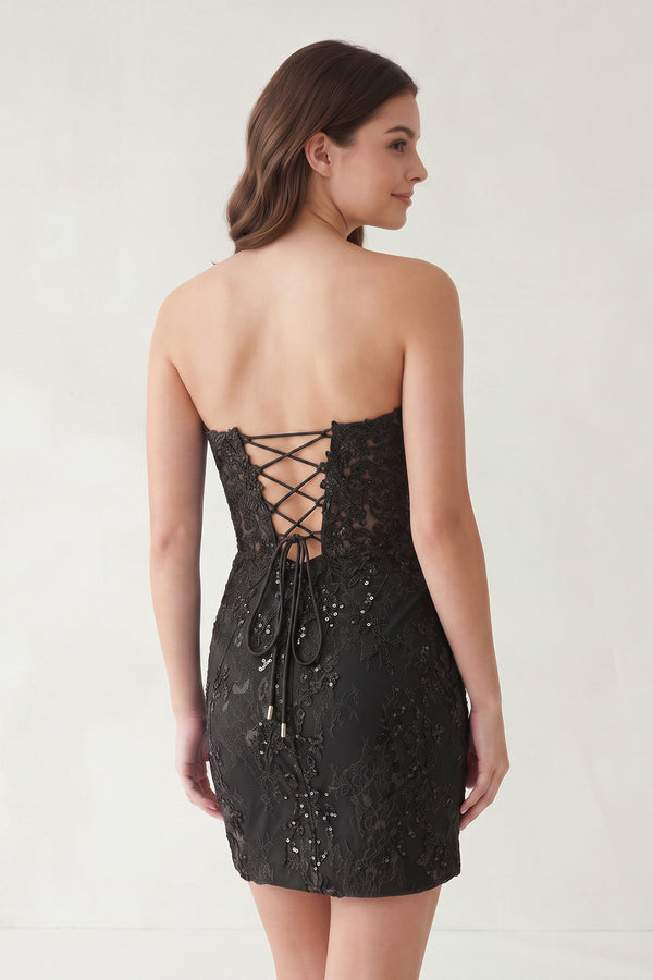 Black Bodycon Sweetheart Lace Short Tight Homecoming Dresses with Appliques (2) | KISSPROM