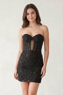 Black Bodycon Sweetheart Lace Short Tight Homecoming Dresses with Appliques | KISSPROM
