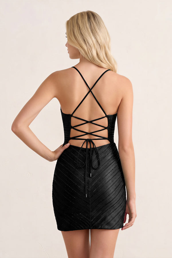 Black Bodycon V Neck Short Homecoming Dresses With Beadings (2) | KISSPROM