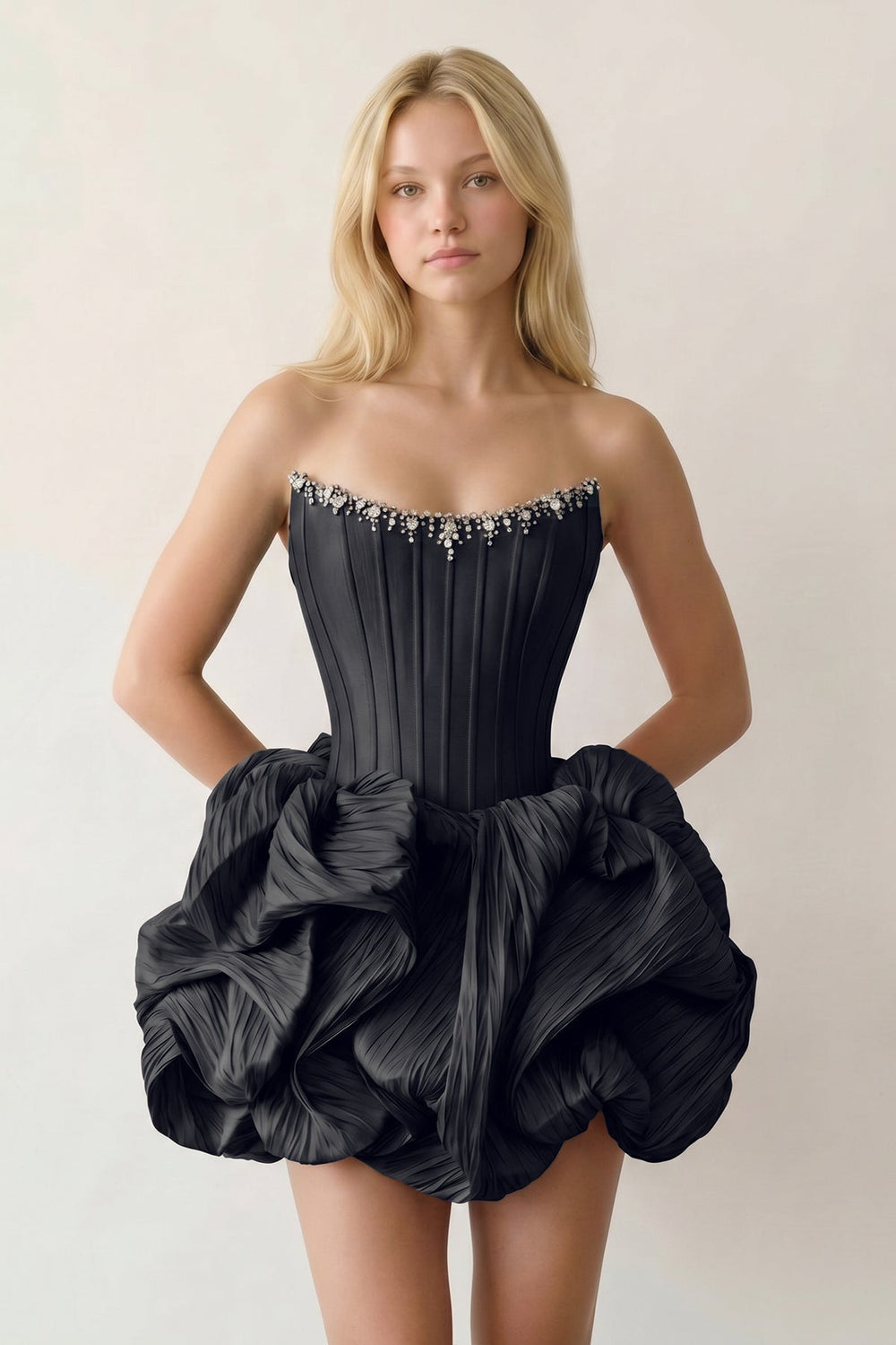 Black Bubble Hem Strapless Basque Waist Homecoming Dress With Beading - KISSPROM