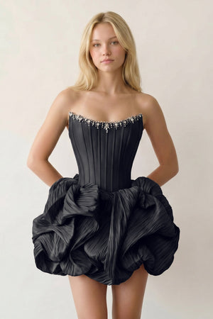 Black Bubble Hem Strapless Basque Waist Homecoming Dress With Beading - KISSPROM