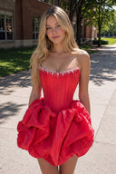 Red Bubble Hem Strapless Basque Waist Homecoming Dress With Beading - KISSPROM
