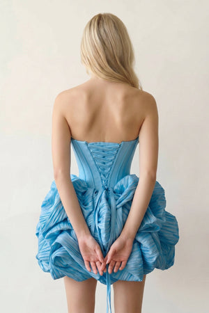 Blue Bubble Hem Strapless Basque Waist Homecoming Dress With Beading - KISSPROM
