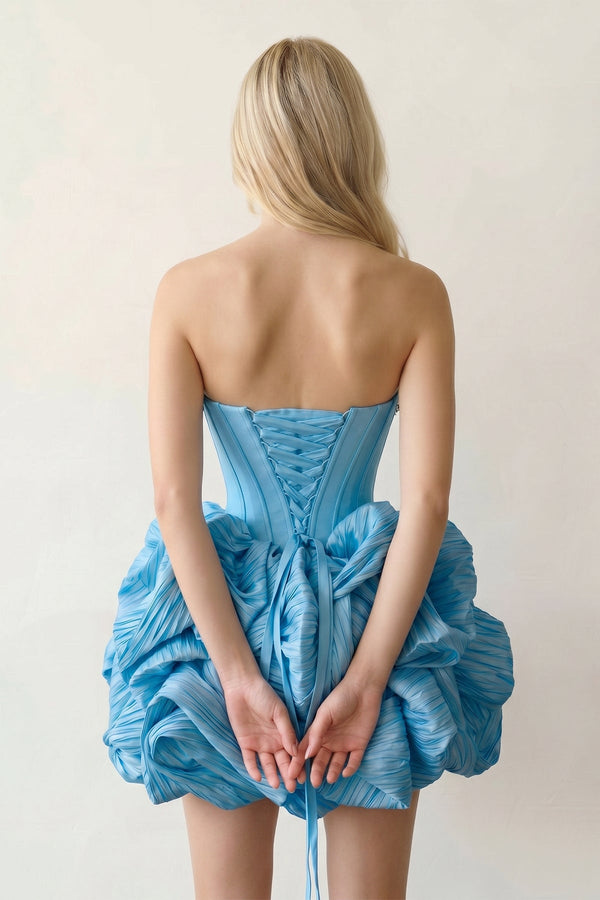 Blue Bubble Hem Strapless Basque Waist Homecoming Dress With Beading - KISSPROM