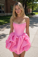 Pink Bubble Hem Strapless Basque Waist Homecoming Dress With Beading - Kissprom