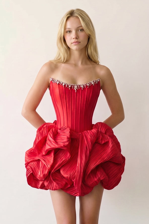 Red Bubble Hem Strapless Basque Waist Homecoming Dress With Beading - KISSPROM