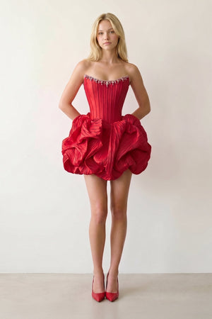 Red Bubble Hem Strapless Basque Waist Homecoming Dress With Beading - KISSPROM