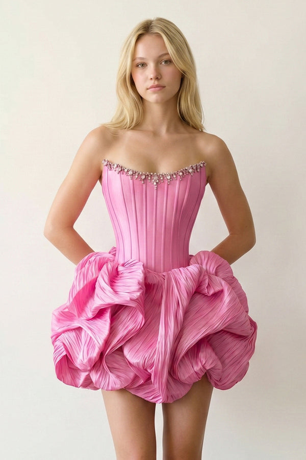 Pink Bubble Hem Strapless Basque Waist Homecoming Dress With Beading - Kissprom