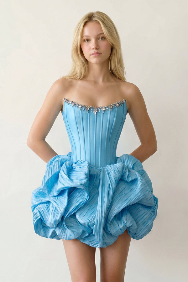 Blue Bubble Hem Strapless Basque Waist Homecoming Dress With Beading - KISSPROM