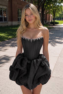 Black Bubble Hem Strapless Basque Waist Homecoming Dress With Beading | KISSPROM