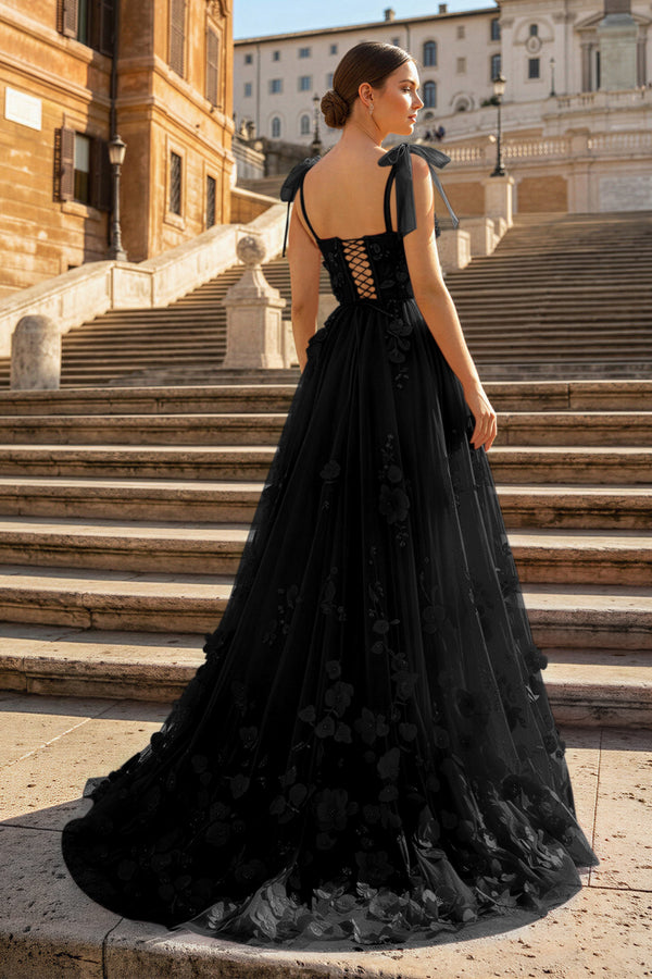 KissProm-Black Scarlet Tulle A-line 3D Flower Long Prom Dress With Slit