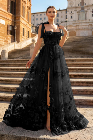 KissProm-Black Scarlet Tulle A-line 3D Flower Long Prom Dress With Slit