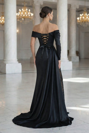 Sheath Off-The-Shoulder Long Sleeves Satin/Sequined Prom Dresses Black / 4 Sheath Off-The-Shoulder Long Sleeves Satin/Sequined Prom Dresses Black / 4