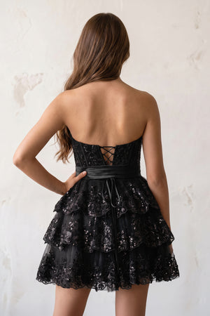 Black Corset Sequin Appliques Short Party Dress with Bow (2) | KISSPROM