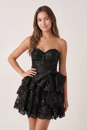 Black Corset Sequin Appliques Short Party Dress with Bow | KISSPROM